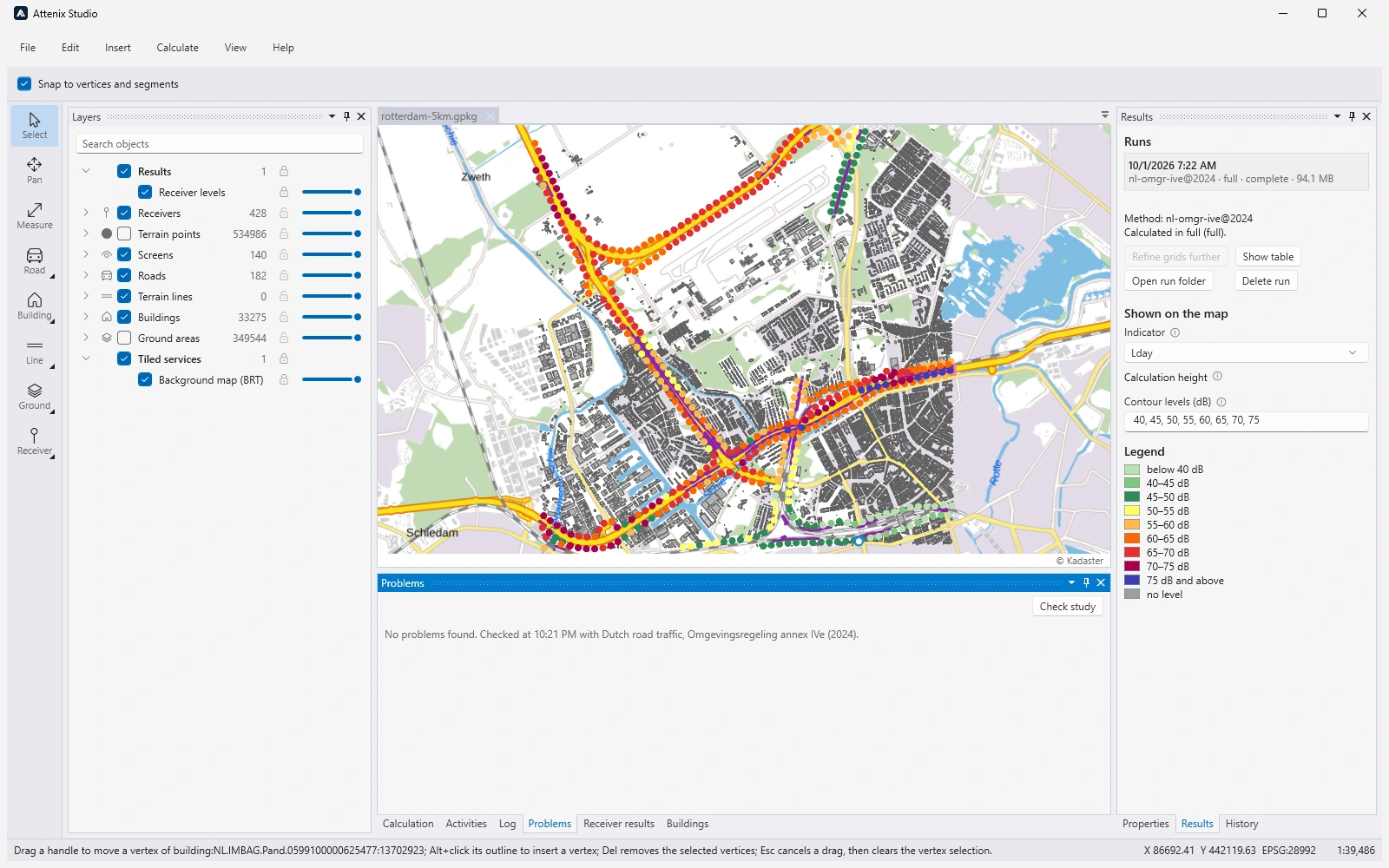 Het paneel Problems van Attenix Studio na Check study, met de tekst: No problems found, checked with Dutch road traffic, Omgevingsregeling annex IVe (2024); erboven de kaart van het onderzoek Rotterdam met de ontvangpunten gekleurd naar geluidbelasting, en rechts het paneel Results met de legenda